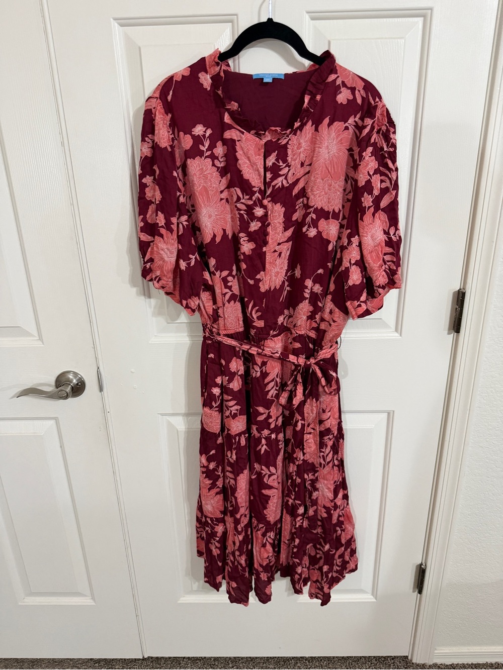 Draper James RSVP 2X Burgundy Floral Midi Dress Belt Pockets Cottagecore
